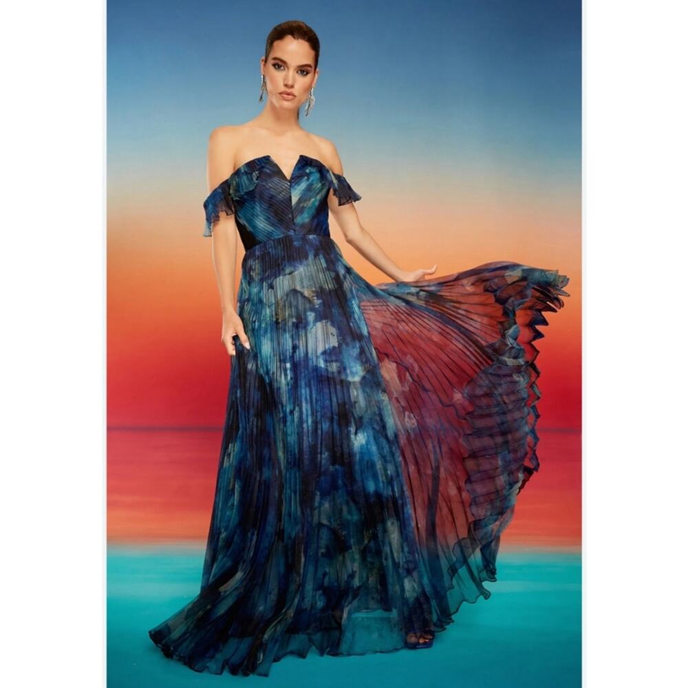 $895 Theia Women's Blue Pleated Organza Off-The-Shoulder Emara Dress Size‎ 10/L